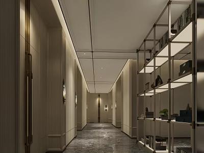 Modern Elevator Corridor Interior Design With Wall Sconces And Shelves 3d model