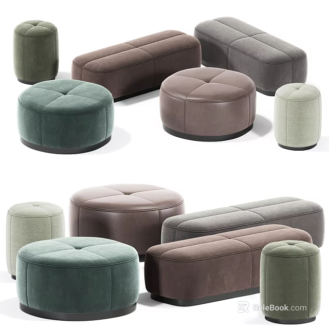 Modern Ottomans In Green Brown Grey Colors With Round And Rectangular Shapes 3d model