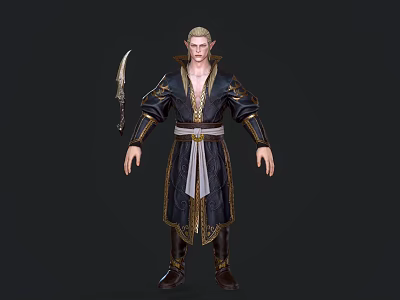 Elf Male Character In Ornate Dark Robe With Gold Accents White Sash And Curved Dagger 3d model