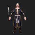 Elf Male Character In Ornate Dark Robe With Gold Accents White Sash And Curved Dagger