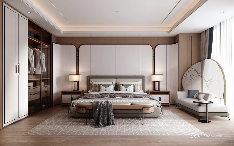 Modern Bedroom Interior Design With Bedside Tables Table Lamps Area Rug And Sofa 3d model 