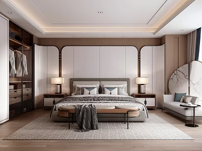 Modern Bedroom Interior Design With Bedside Tables Table Lamps Area Rug And Sofa 3d model