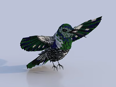 Colorful Hummingbird with Spread Wings in Green Blue and White Patched Feather Design 3d model
