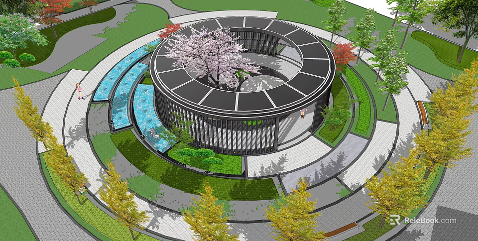 Modern Garden Landscape With Circular Structure Cherry Blossom Tree And Water Features 3d model
