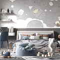 Space Themed Kids Room Interior Design With Rocket Cloud Star Wall Decor And Stuffed Toys