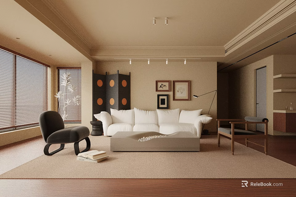 Modern Living Room Interior With White Sofa Black Armchair Gray Coffee Table And Wall Art 3d model 