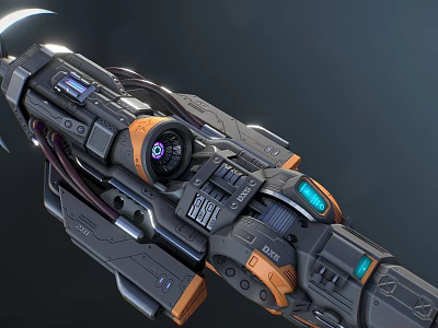 3D Rendered Sci-Fi Weapon With Orange Black Accents Complex Mechanical Structure And Glowing Display Lens 3d model