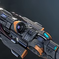 3D Rendered Sci-Fi Weapon With Orange Black Accents Complex Mechanical Structure And Glowing Display Lens