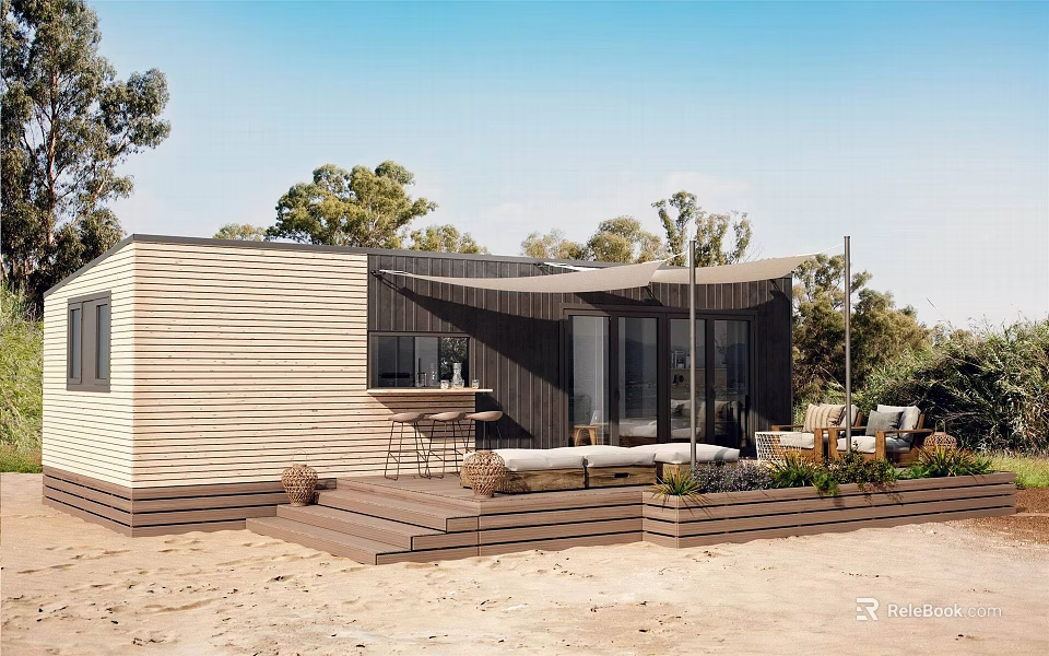 Modern Single Family House Featuring Wooden Exterior Outdoor Patio Furniture and Trees 3d model 