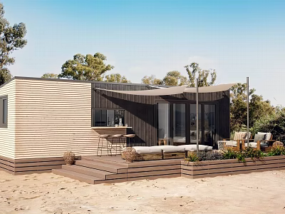 Modern Single Family House Featuring Wooden Exterior Outdoor Patio Furniture and Trees 3d model