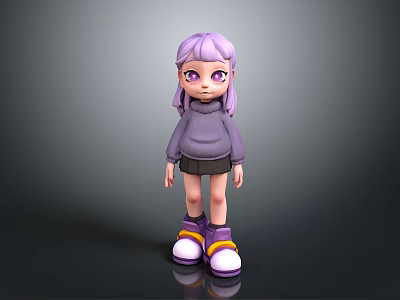3D Character With Purple Hair Purple Eyes Gray Hoodie Black Shorts And Purple Yellow Shoes 3d model