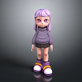 3D Character With Purple Hair Purple Eyes Gray Hoodie Black Shorts And Purple Yellow Shoes