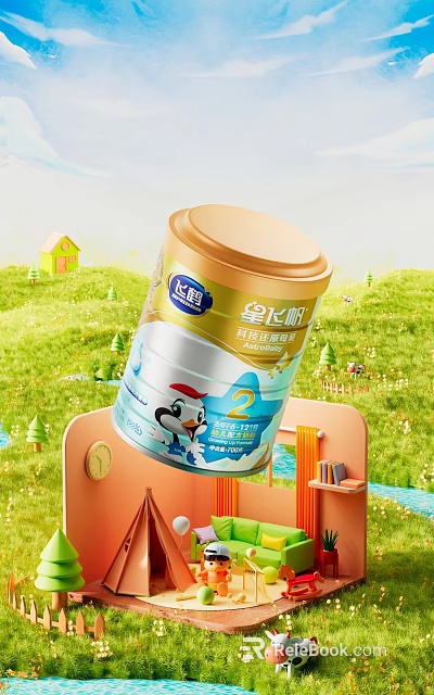 Feihe Xingfeifan Stage 2 Formula Milk Powder with Green Grassland and Small House Background 3d model 
