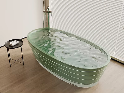 Green Transparent Oval Bathtub with Water in Room with Wooden Floor Blinds and Side Table 3d model