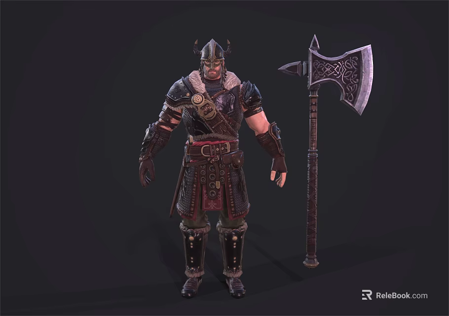 Game Movie Warrior Character in Medieval Armor with Horned Helmet and Giant Battle Axe 3d model 