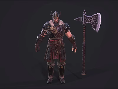Game Movie Warrior Character in Medieval Armor with Horned Helmet and Giant Battle Axe 3d model