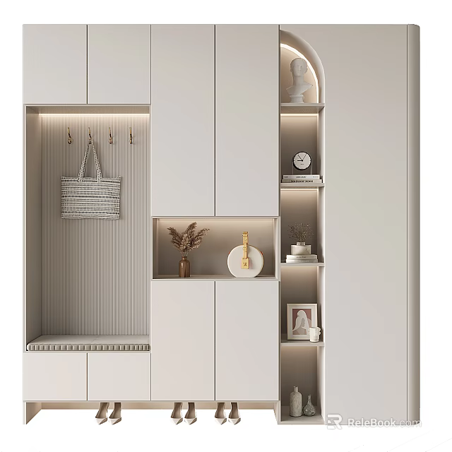 Modern Entryway Shoe Cabinet With Storage Hooks Shelves And Decorative Clock Plant Photo Frame 3d model 