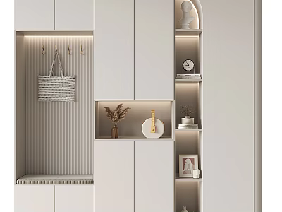 Modern Entryway Shoe Cabinet With Storage Hooks Shelves And Decorative Clock Plant Photo Frame 3d model