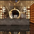 Luxurious Modern Clubhouse Interior With Wooden Walls Chandeliers Sofas Round Coffee Tables and Mirrored Flooring