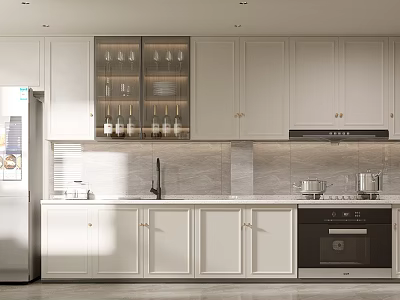 Contemporary White Kitchen Interior With Glass Front Upper Cabinets Stainless Steel Refrigerator And Built In Oven 3d model