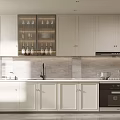 Contemporary White Kitchen Interior With Glass Front Upper Cabinets Stainless Steel Refrigerator And Built In Oven