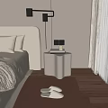 Modern Beige Bedside Table With Books And Decor On Wooden Floor In Bedroom