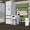 Modern Restaurant Kitchen With Open Design Green Cabinets White Refrigerator Marble Countertop And Bar Stools