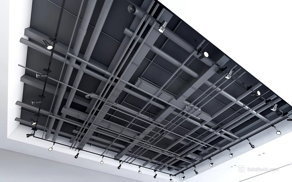 Modern Industrial Ceiling Design With Open Metal Framework And Track Lights 3d model