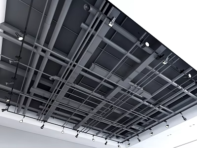 Modern Industrial Ceiling Design With Open Metal Framework And Track Lights 3d model