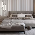 Modern Bedroom Interior With Striped Wall Platform Bed Built In Wardrobe And Round Mirror