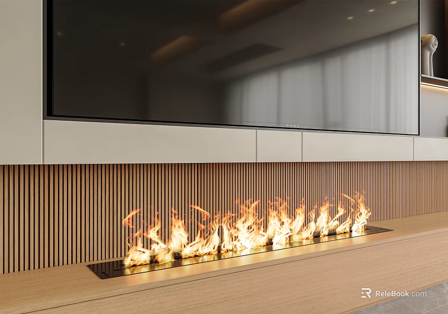 Modern Living Room Fireplace with Wooden Slats TV Above and Burning Flames 3d model 