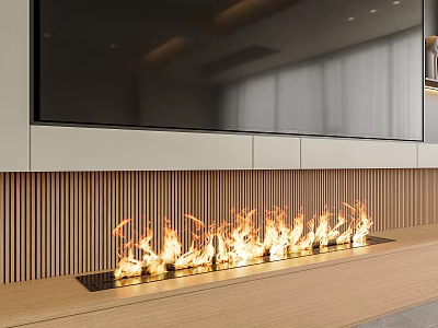 Modern Living Room Fireplace with Wooden Slats TV Above and Burning Flames 3d model