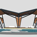 Modern Outdoor Pavilion With Wooden Slatted Roof Black Metal Frame Wooden Deck And White Seats