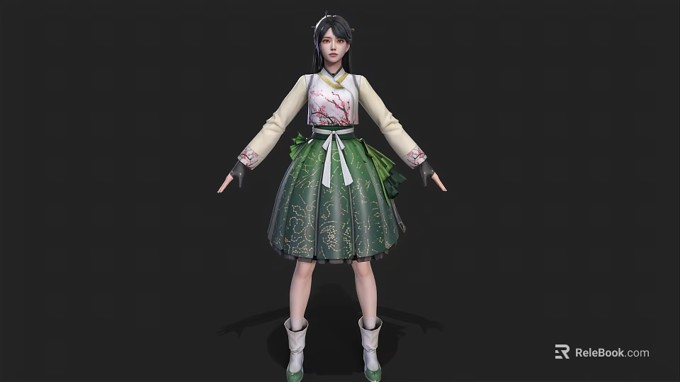 Woman Wearing Traditional Green Floral Skirt With White Pink Top In Standing Pose 3d model 
