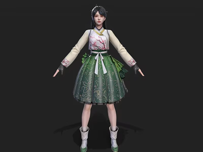 Woman Wearing Traditional Green Floral Skirt With White Pink Top In Standing Pose 3d model