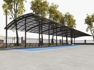 Outdoor Canopy Structure Covering Blue Paved Area With Trees And Railing 3d model