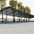 Outdoor Canopy Structure Covering Blue Paved Area With Trees And Railing 3d model