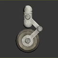 White Robotic Character With Mechanical Arm Large Wheel And Warning Label On Cylindrical Body