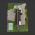 Cartoon Scene Of House With Sloped Roof Multiple Windows Swimming Pool And Green Lawn