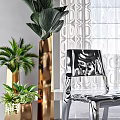 Modern Interior Design With Silver Gold Chairs Stool Potted Plants Decorative Wall Mirror