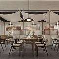 Japanese Restaurant Interior With Wooden Tables Chairs Hanging Lights Wall Art And Shoji Screens