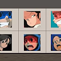 Six Colorful Anime Character Artworks With Expressive Faces On Wall