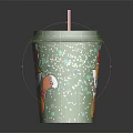 Decorative Green Paper Cup Featuring White Lid Red Straw And Cute Cartoon Patterns