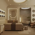 Cozy Minimalist SPA Room With Massage Table Wooden Trolley Wall Shelves And Potted Plant