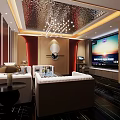 Luxurious Modern KTV Interior With Comfortable Sofas Large Screen TV Chandelier And Ceiling Design 3d model