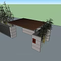 Building Exterior Facade With Pergola Canopy Decorative Red Elements Stone Structure Surrounded By Bamboo Plants