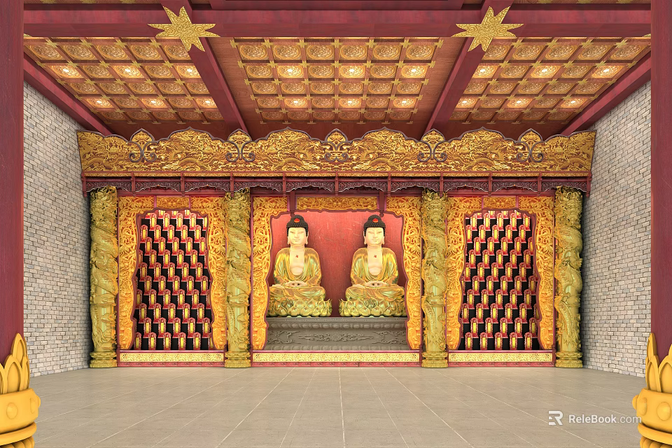 Buddhist Temple Interior Featuring Two Buddha Statues With Golden Carvings And Red Ceiling Design 3d model 