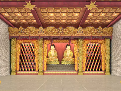 Buddhist Temple Interior Featuring Two Buddha Statues With Golden Carvings And Red Ceiling Design 3d model