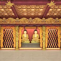 Buddhist Temple Interior Featuring Two Buddha Statues With Golden Carvings And Red Ceiling Design