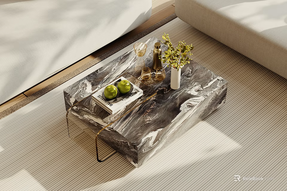 Modern Coffee Table With Marble Texture Metal Legs And Green Fruits Book Vase Plants 3d model 